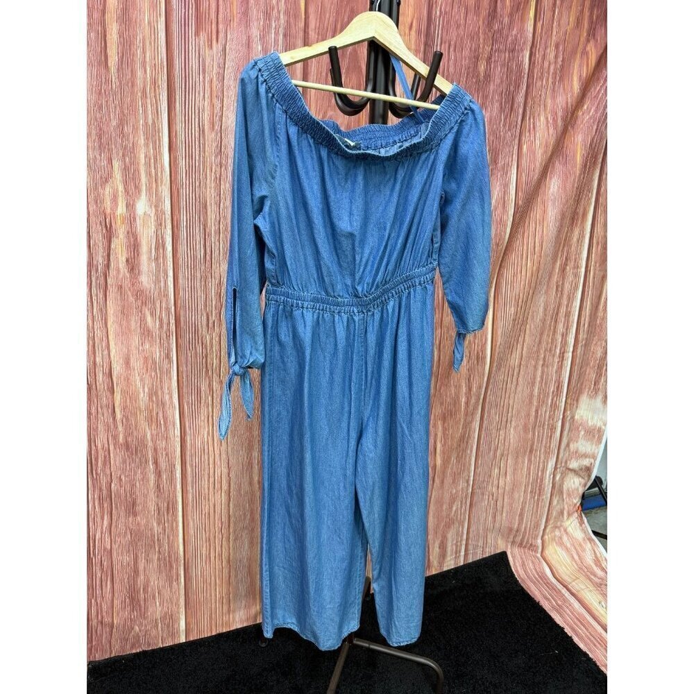 Michael Kors Off-The-Shoulder Cropped Jumpsuit Women's Large Blue Cotton Stretch